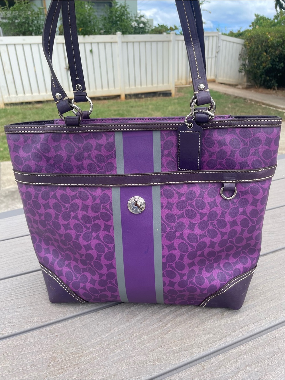 Coach Purple Signature Tote with Gray Stripe